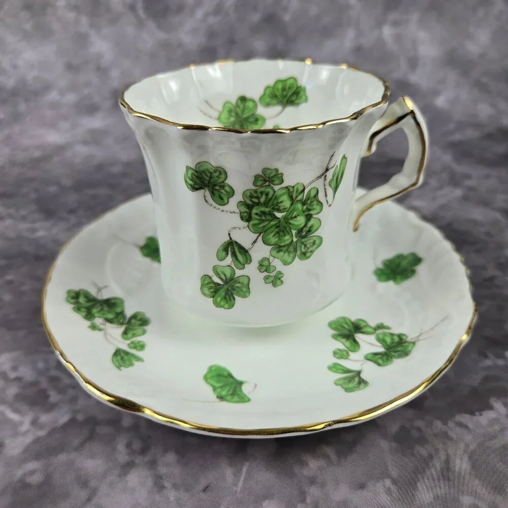 Hammersley & Co Lucky Shamrock Tea Cup & Saucer Bone China Gold Trim Vintage